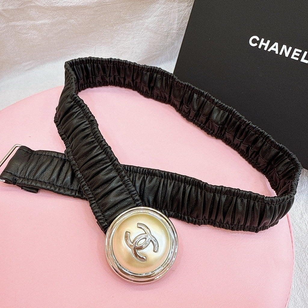CC Stamp Buckle Women Belt 30mm Elastic Black Cowhide 196840