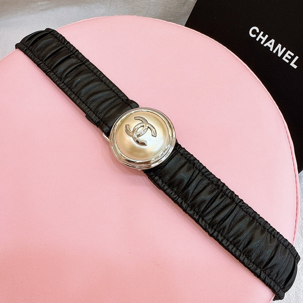 CC Stamp Buckle Women Belt 30mm Elastic Black Cowhide 196840