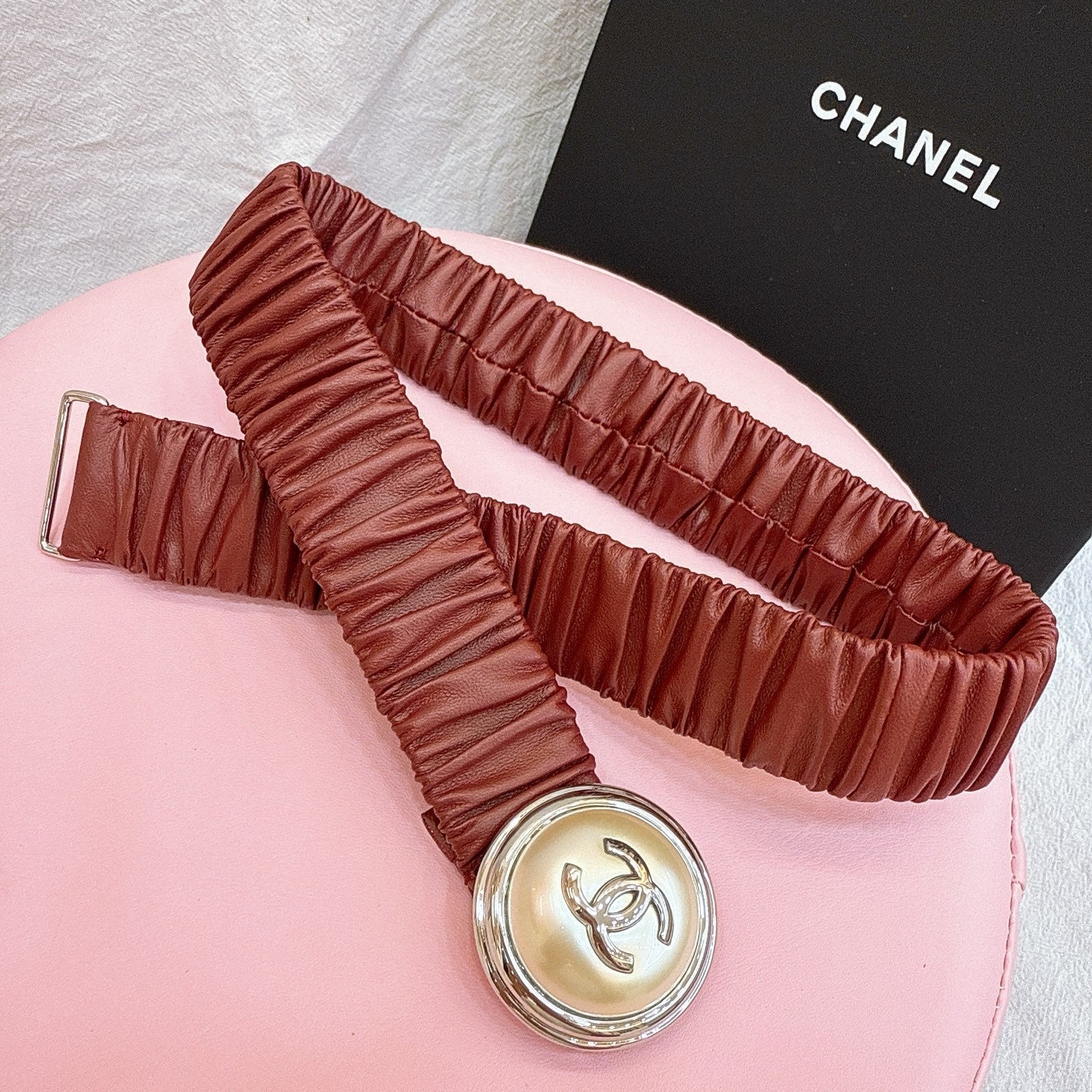 CC Stamp Buckle Women Belt 30mm Elastic Red Cowhide 196838