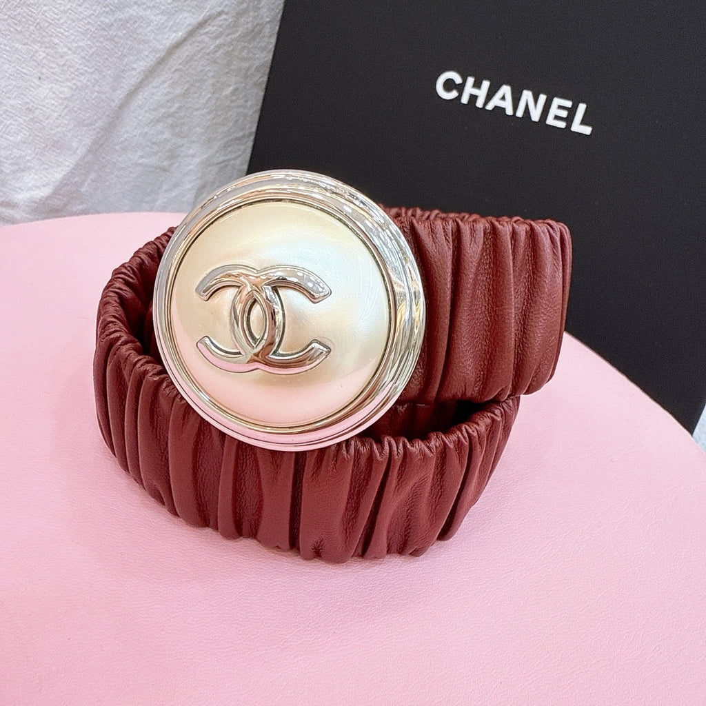 CC Stamp Buckle Women Belt 30mm Elastic Red Cowhide 196838