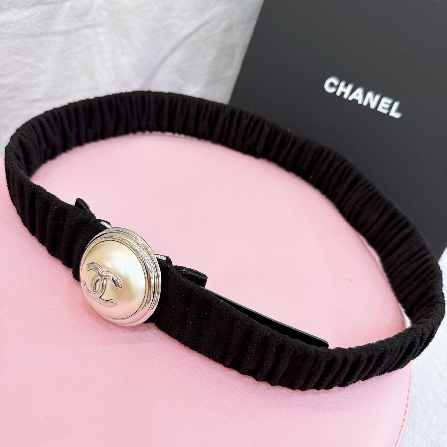 CC Stamp Buckle Women Belt 30mm Elastic Black Cowhide 196837
