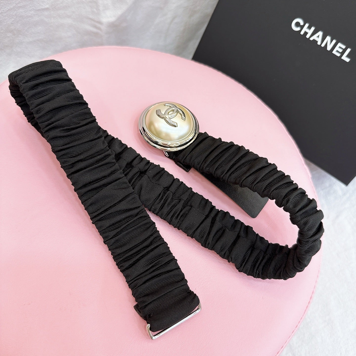 CC Stamp Buckle Women Belt 30mm Elastic Black Cowhide 196837