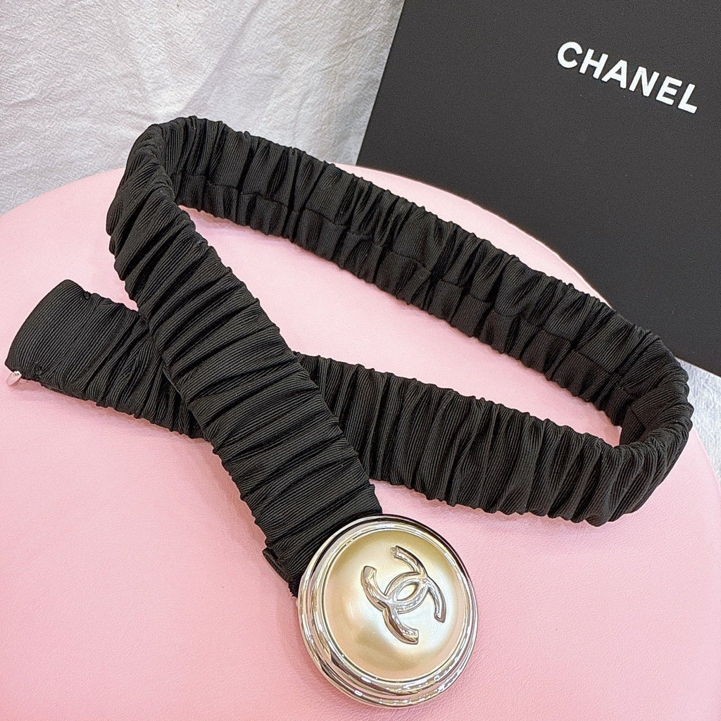 CC Stamp Buckle Women Belt 30mm Elastic Black Cowhide 196837