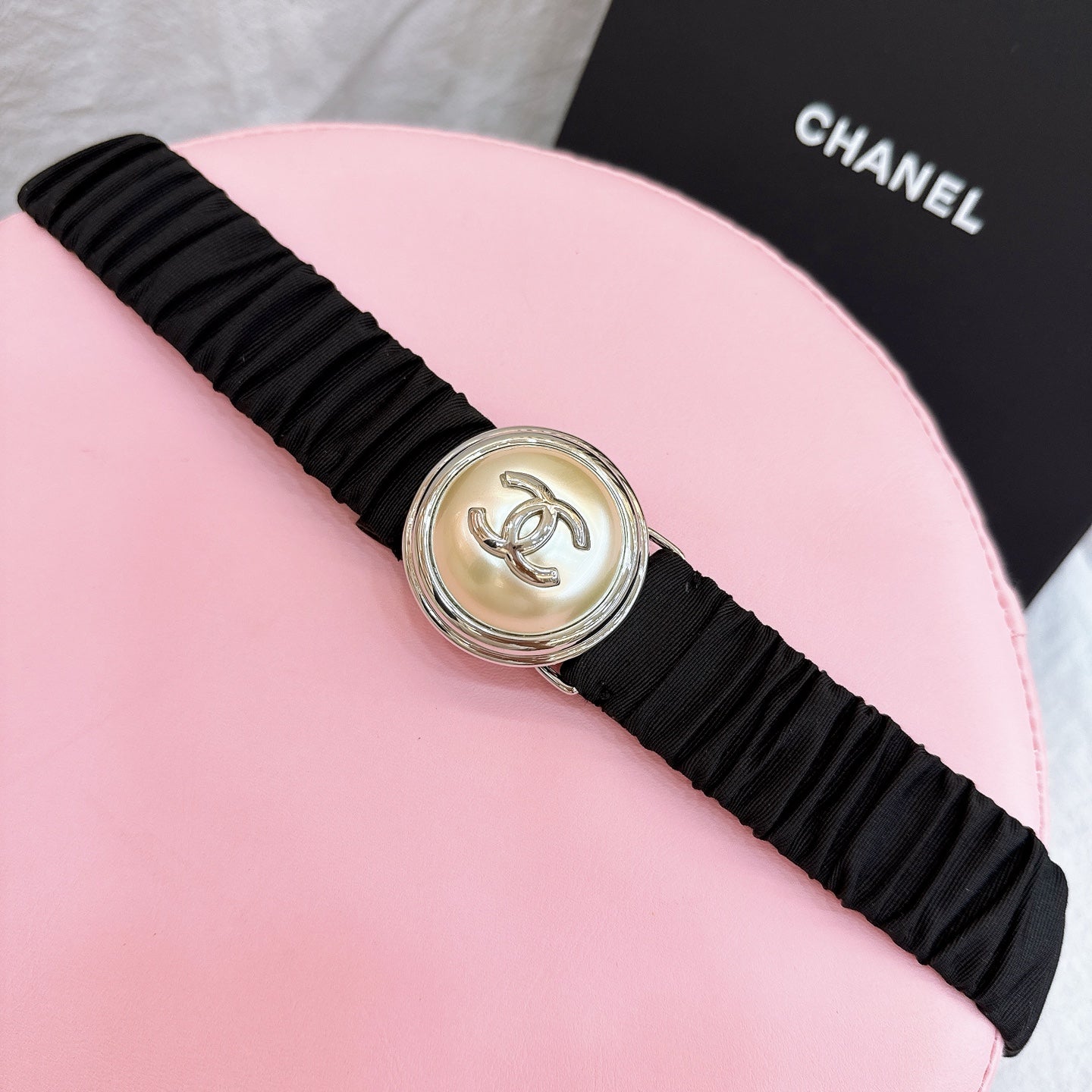CC Stamp Buckle Women Belt 30mm Elastic Black Cowhide 196837