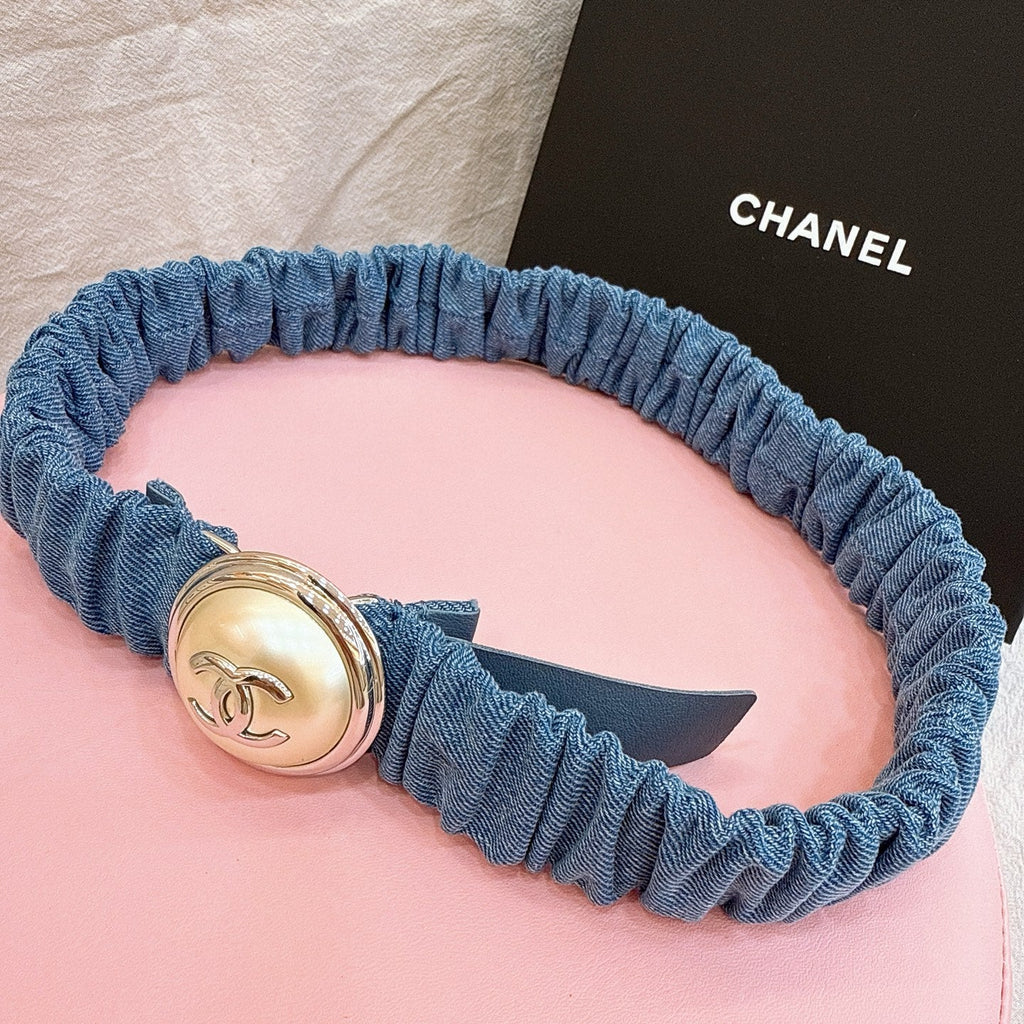 CC Stamp Buckle Women Belt 30mm Elastic Blue Cowhide 196835
