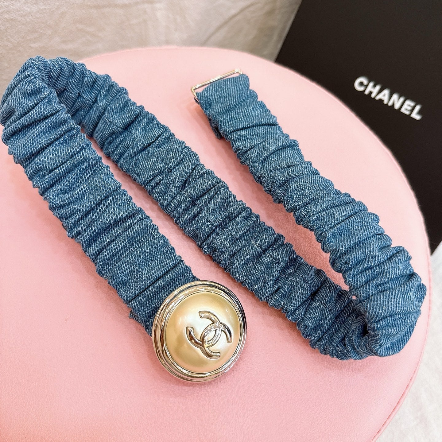 CC Stamp Buckle Women Belt 30mm Elastic Blue Cowhide 196835