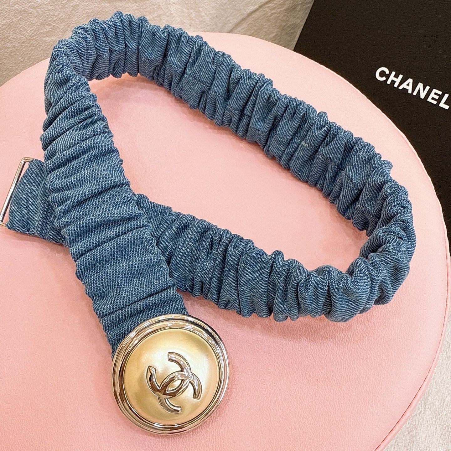CC Stamp Buckle Women Belt 30mm Elastic Blue Cowhide 196835