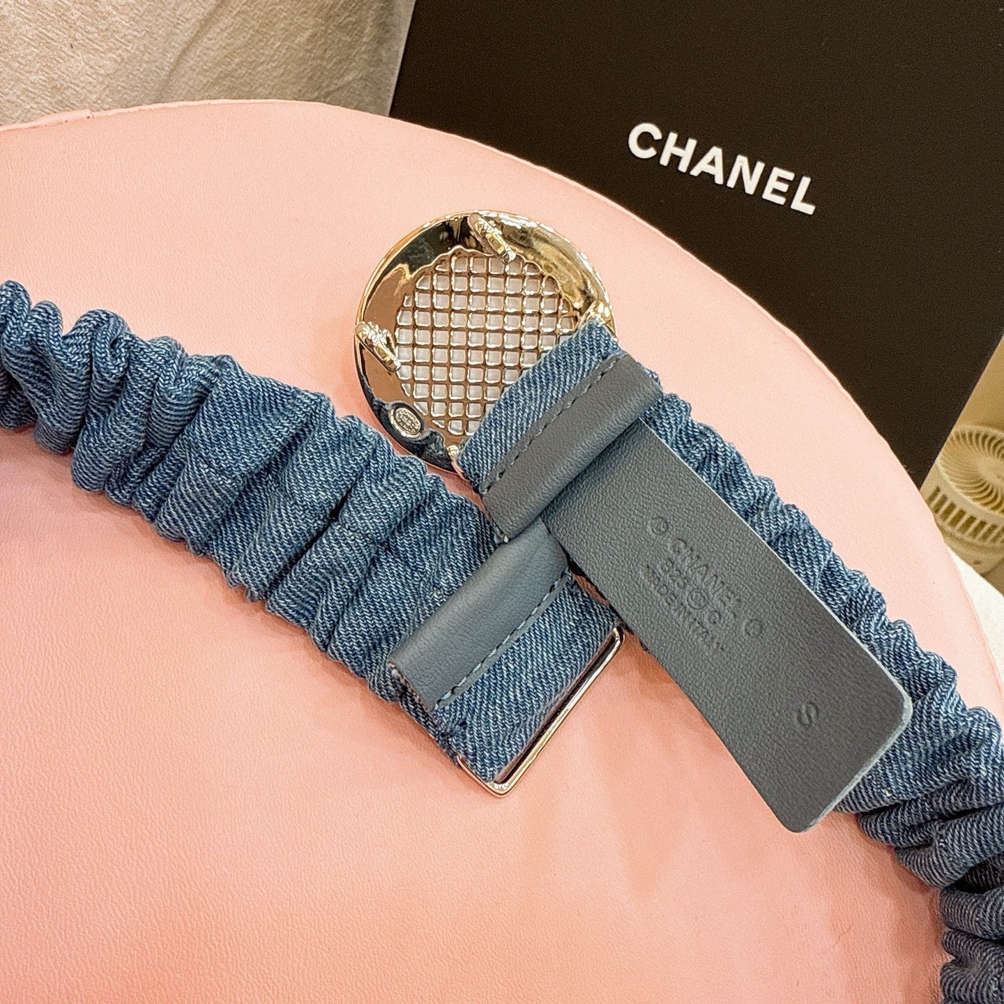 CC Stamp Buckle Women Belt 30mm Elastic Blue Cowhide 196835