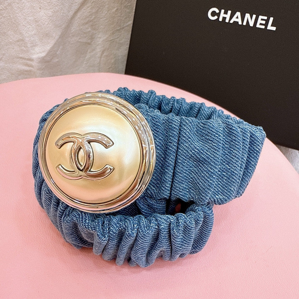CC Stamp Buckle Women Belt 30mm Elastic Blue Cowhide 196835