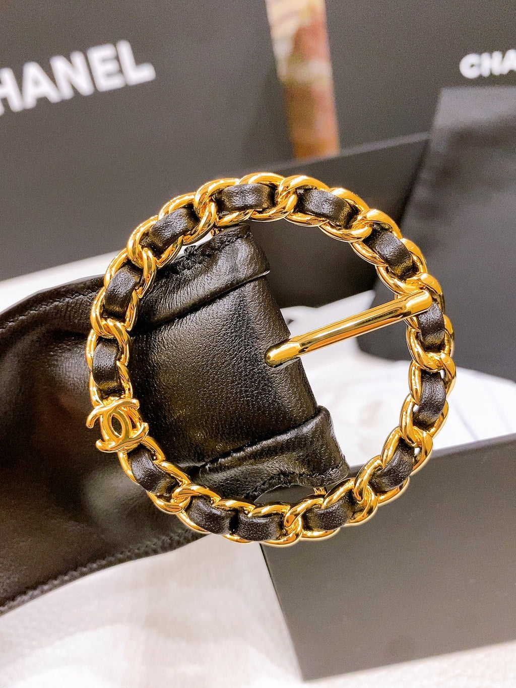 CC Gold Chain Buckle 40mm Brown Gold Lambskin 196575