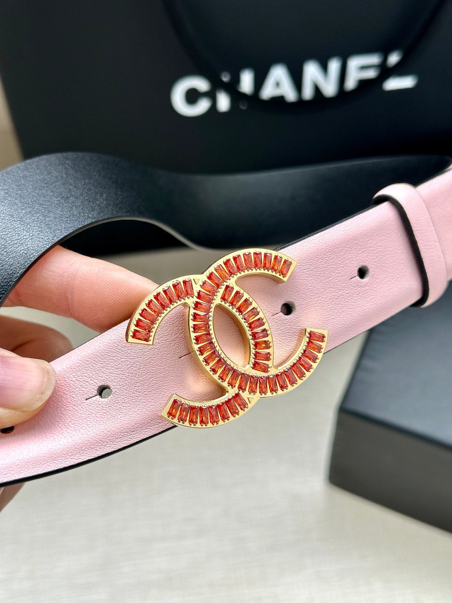 CC Women's Belt 3.0CM Pink Black Cowhide Red Buckle 616971