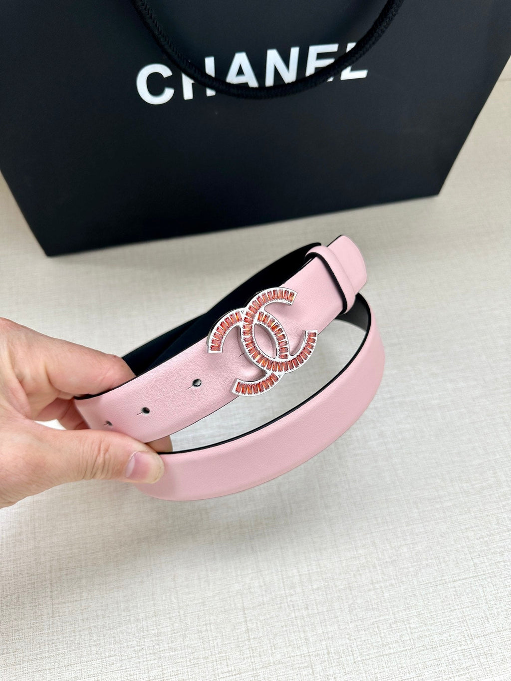 CC Women's Belt 3.0CM Pink Black Cowhide Red Buckle 616971