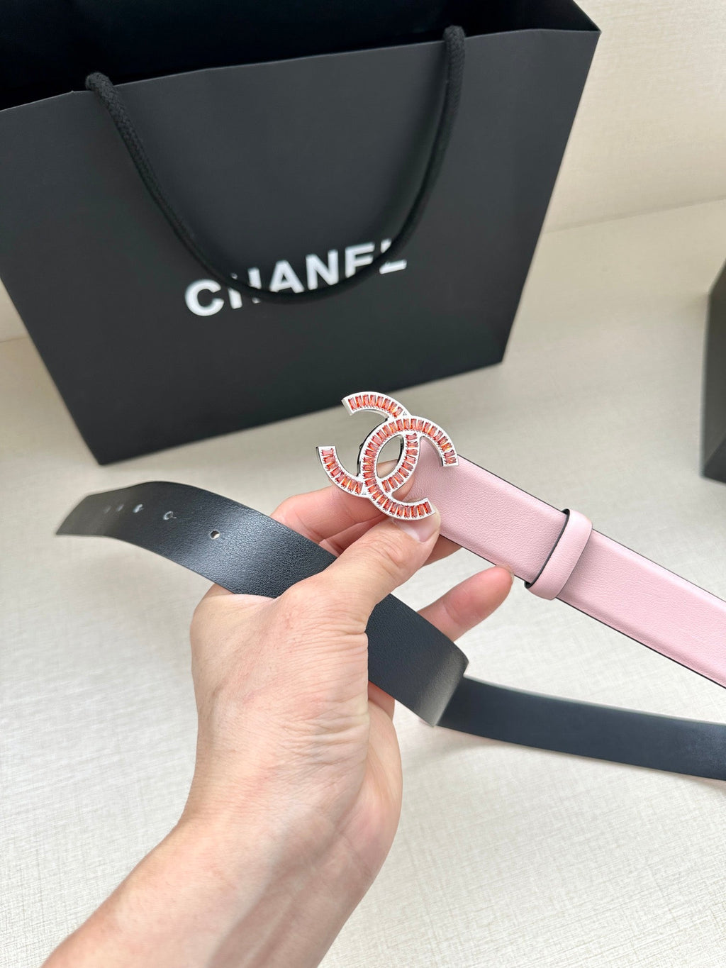 CC Women's Belt 3.0CM Pink Black Cowhide Red Buckle 616971
