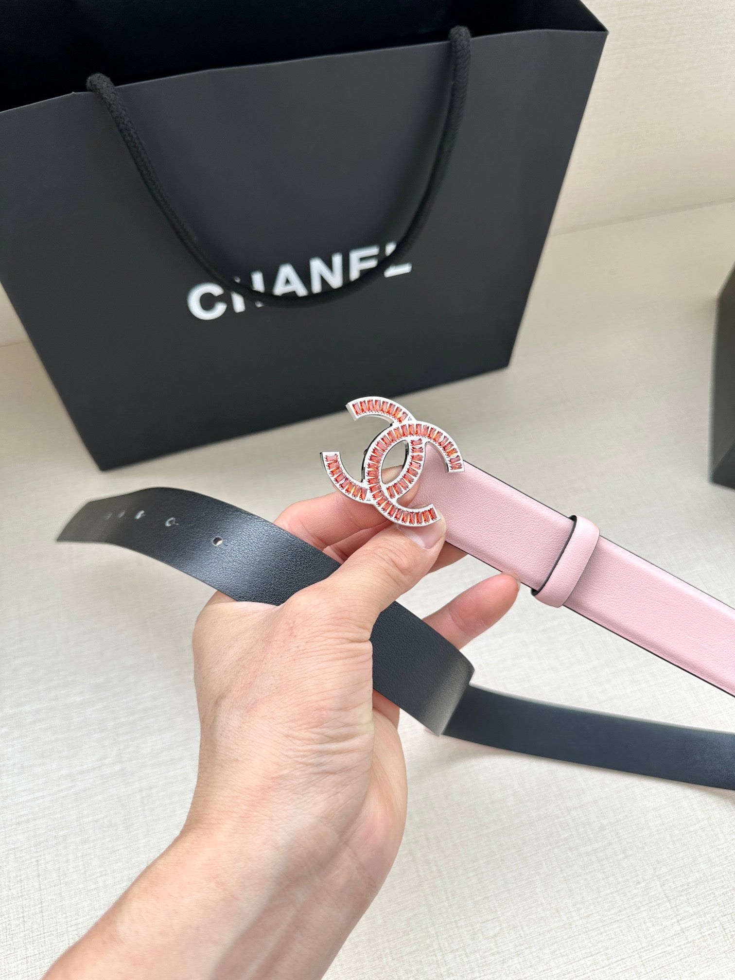 CC Women's Belt 3.0CM Pink Black Cowhide Red Buckle 616971