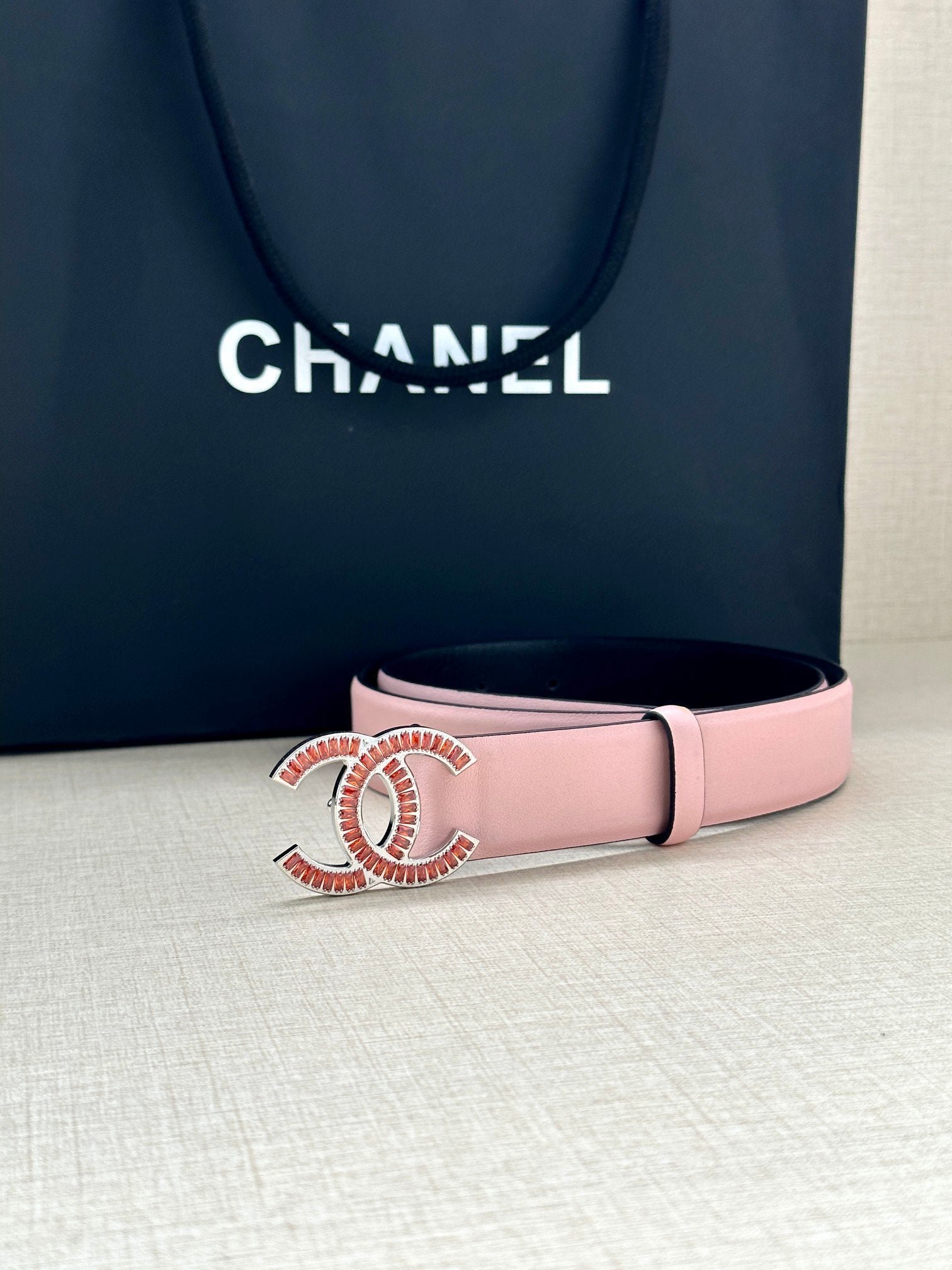 CC Women's Belt 3.0CM Pink Black Cowhide Red Buckle 616971