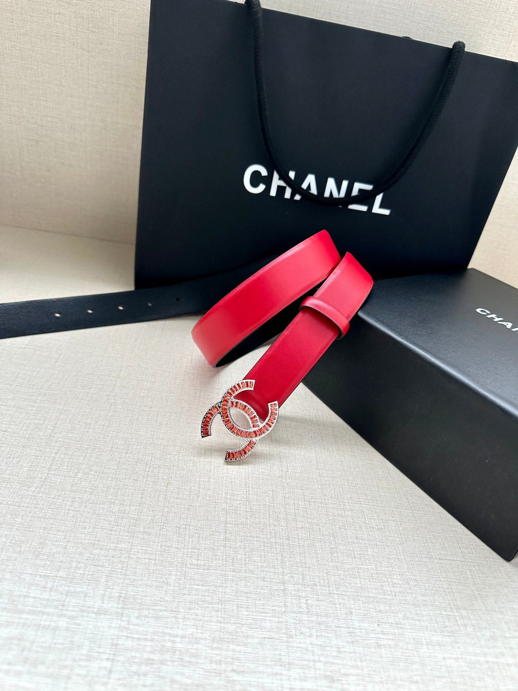 CC Women's Belt 3.0CM Red Black Cowhide Red Buckle 616970