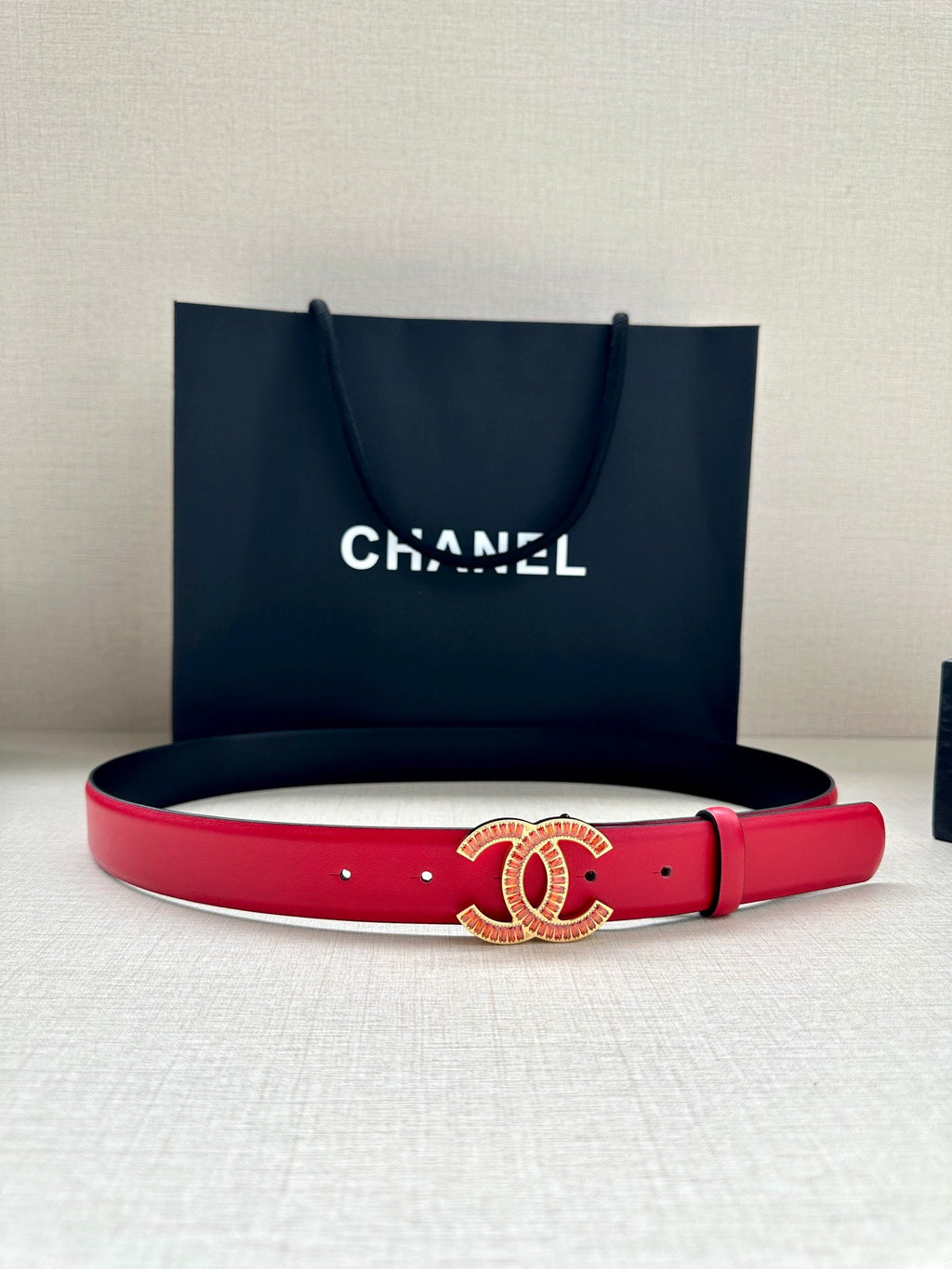 CC Women's Belt 3.0CM Red Black Cowhide Red Buckle 616970