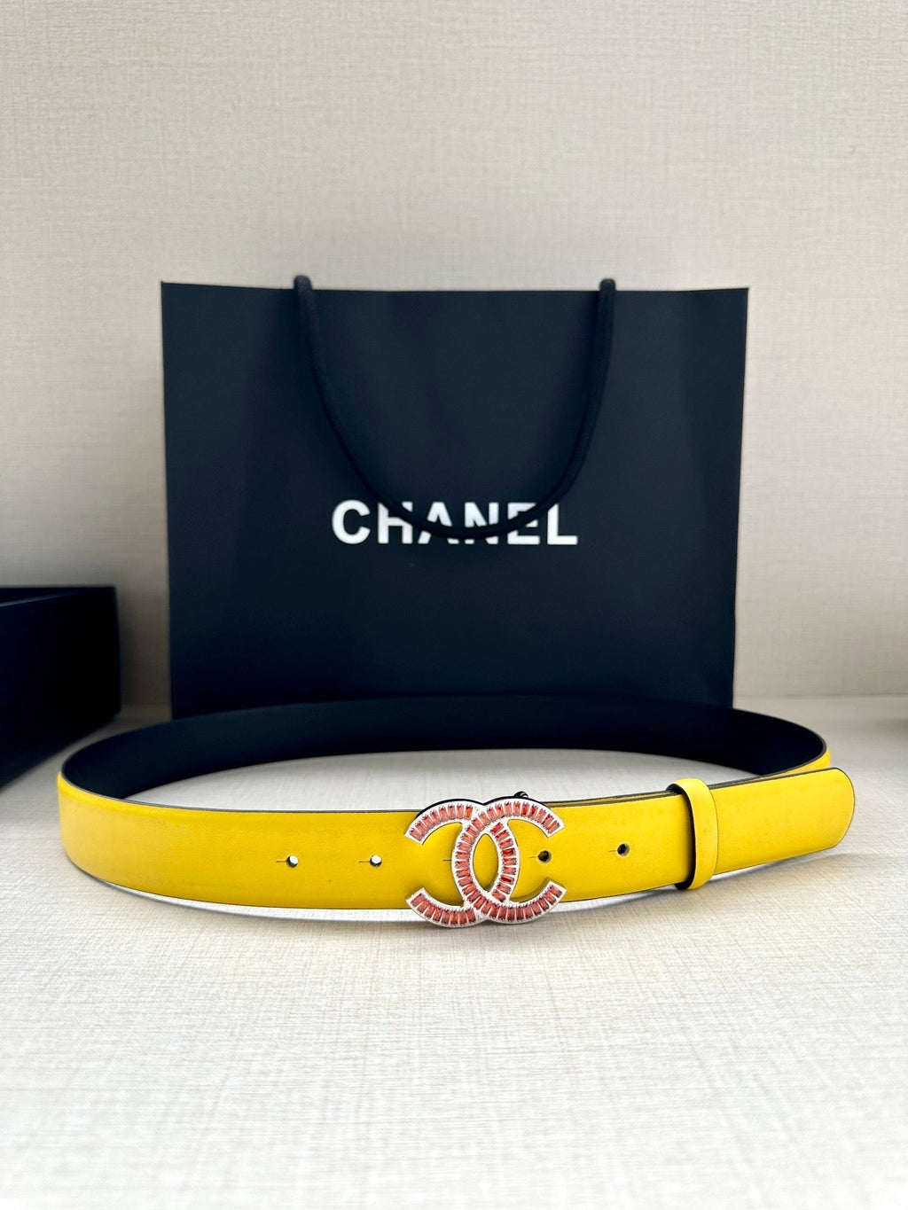 CC Women's Belt 3.0CM Yellow Black Cowhide Red Buckle 616967