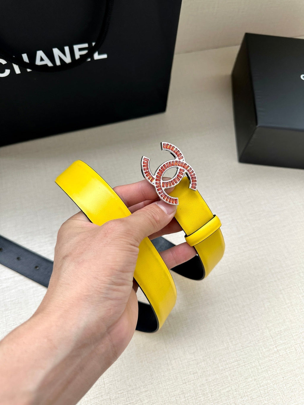 CC Women's Belt 3.0CM Yellow Black Cowhide Red Buckle 616967