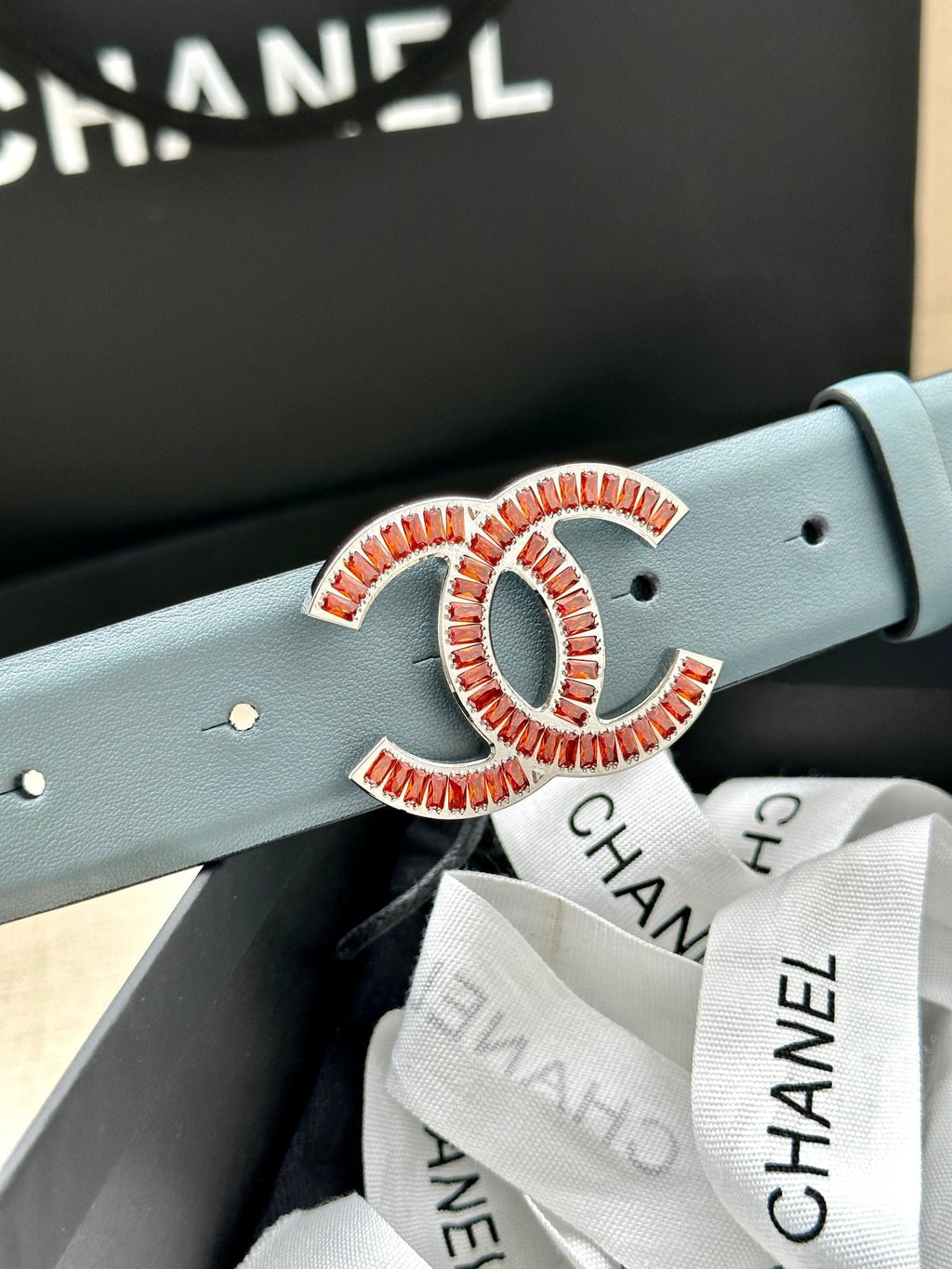 CC Women's Belt 3.0CM Light Blue Black Cowhide Red Buckle 616966