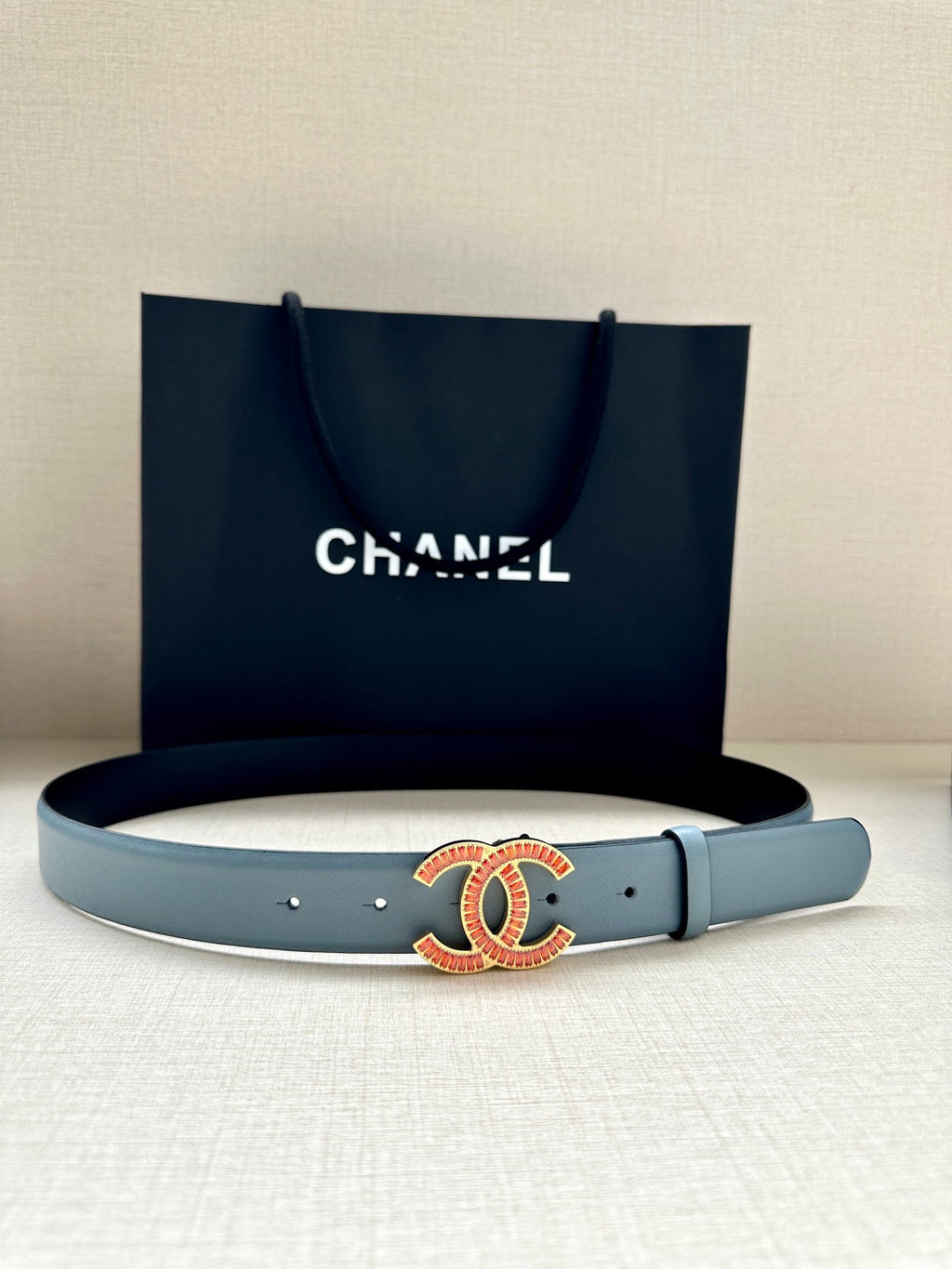 CC Women's Belt 3.0CM Light Blue Black Cowhide Red Buckle 616966