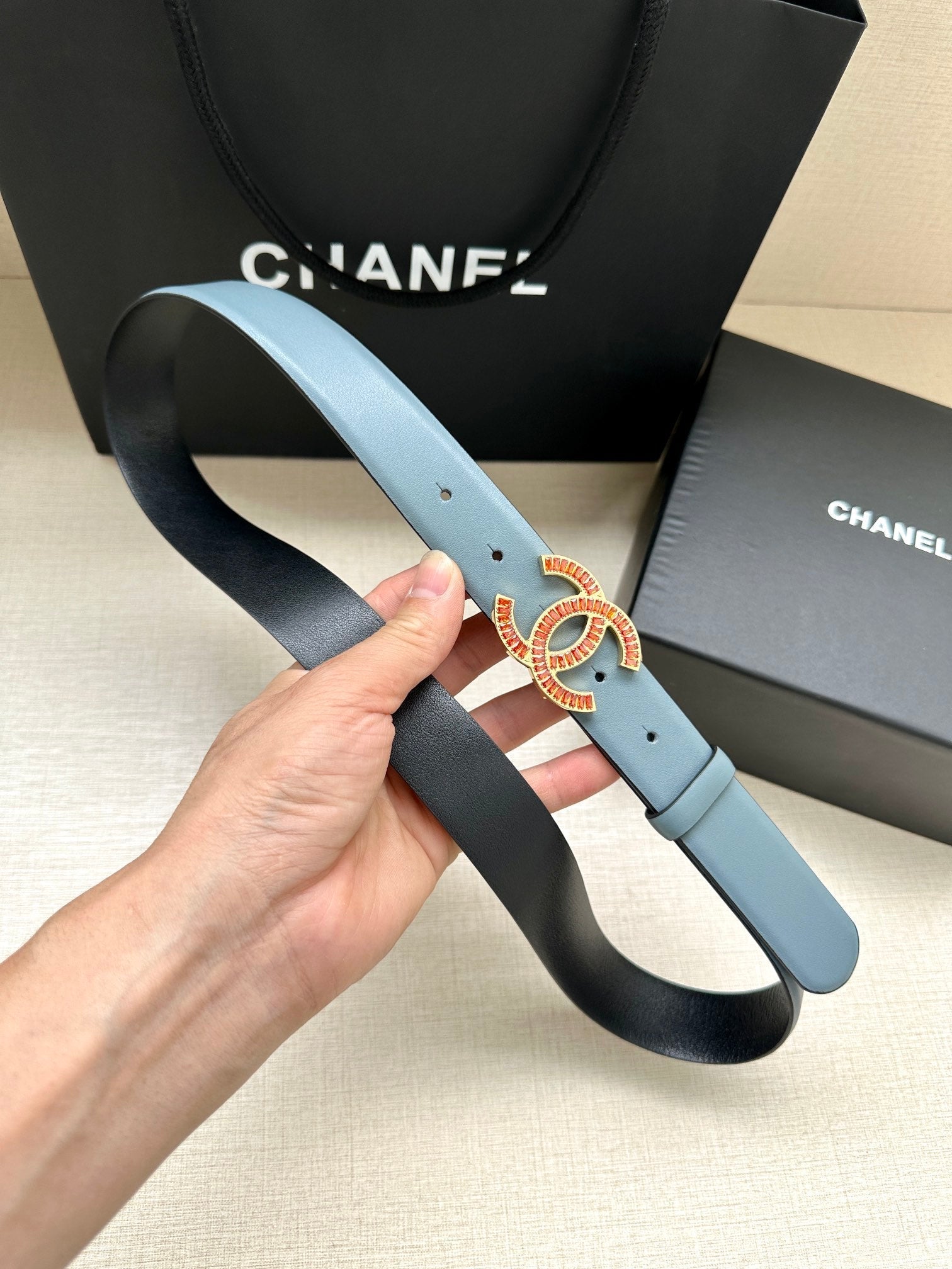 CC Women's Belt 3.0CM Light Blue Black Cowhide Red Buckle 616966