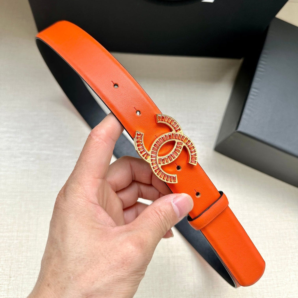 CC Women's Belt 3.0CM Orange Black Cowhide Red Buckle 616965