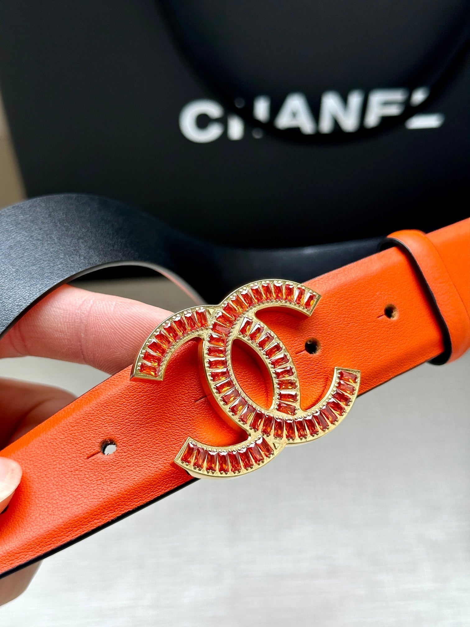 CC Women's Belt 3.0CM Orange Black Cowhide Red Buckle 616965
