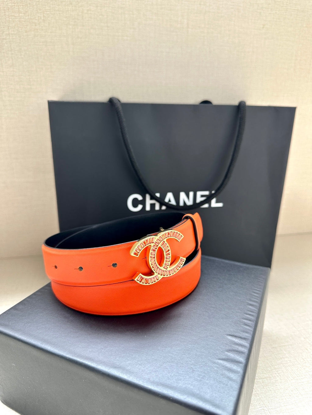 CC Women's Belt 3.0CM Orange Black Cowhide Red Buckle 616965