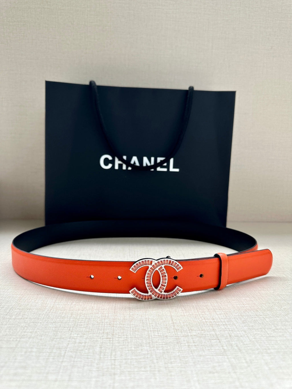 CC Women's Belt 3.0CM Orange Black Cowhide Red Buckle 616965
