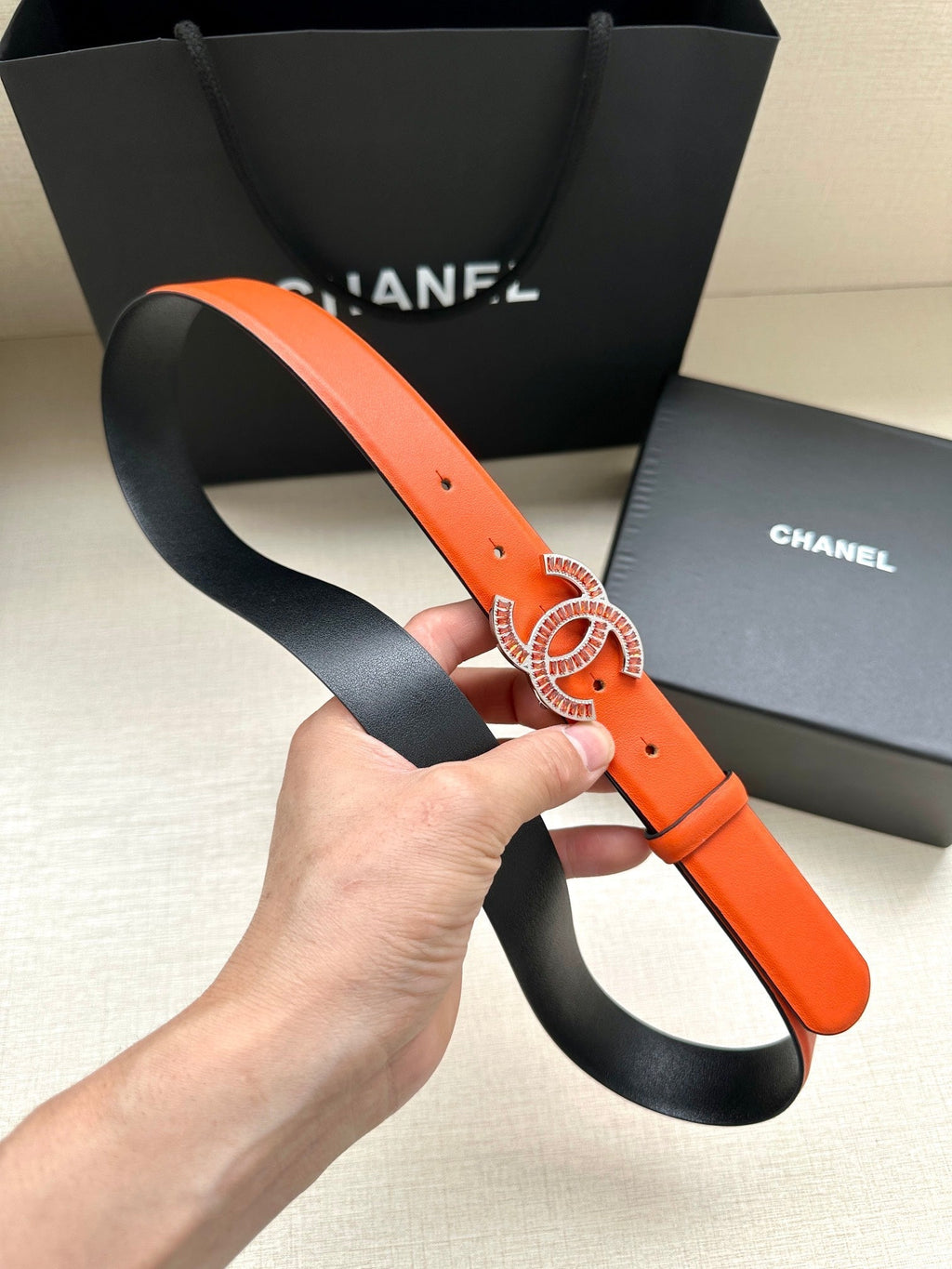 CC Women's Belt 3.0CM Orange Black Cowhide Red Buckle 616965