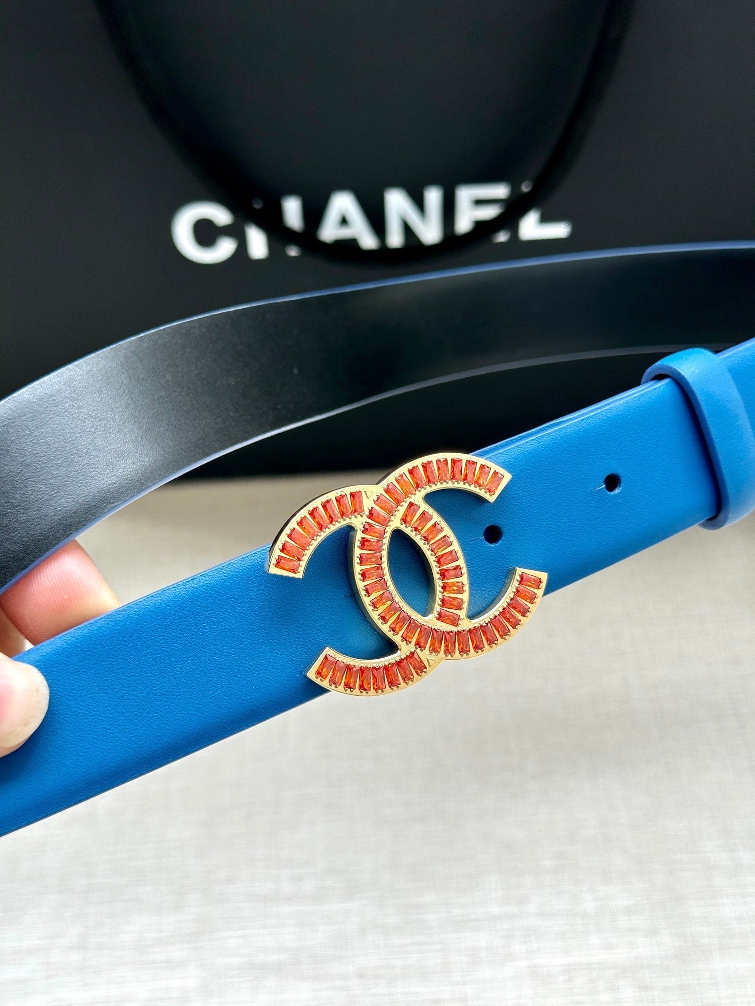 CC Women's Belt 3.0CM Blue Black Cowhide Red Buckle 616963