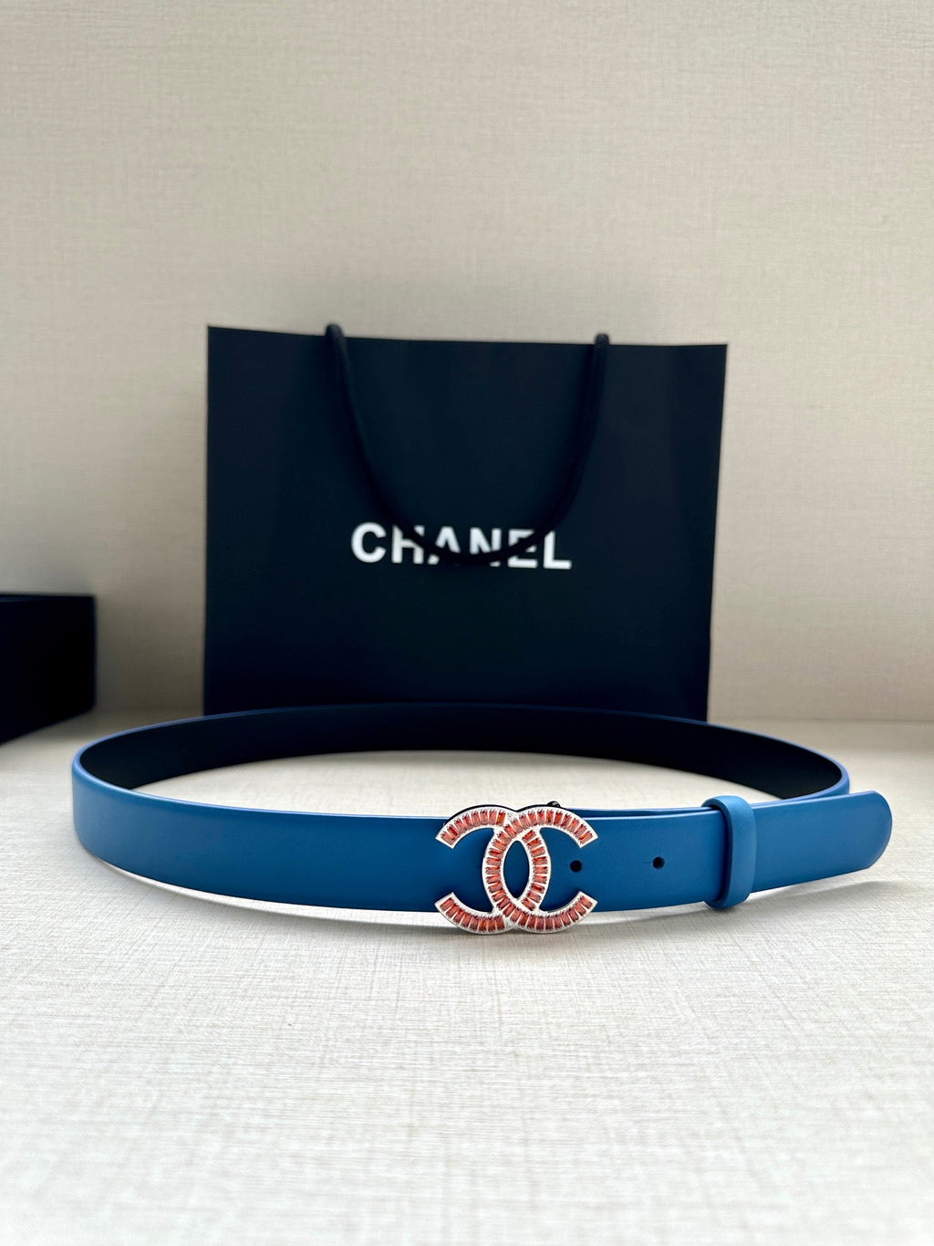 CC Women's Belt 3.0CM Blue Black Cowhide Red Buckle 616963
