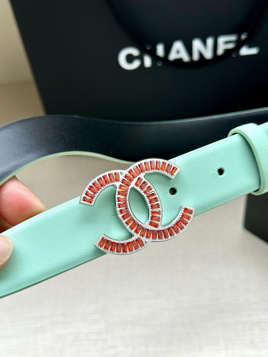 CC Women's Belt 3.0CM Mint Green Black Cowhide Red Buckle 616962