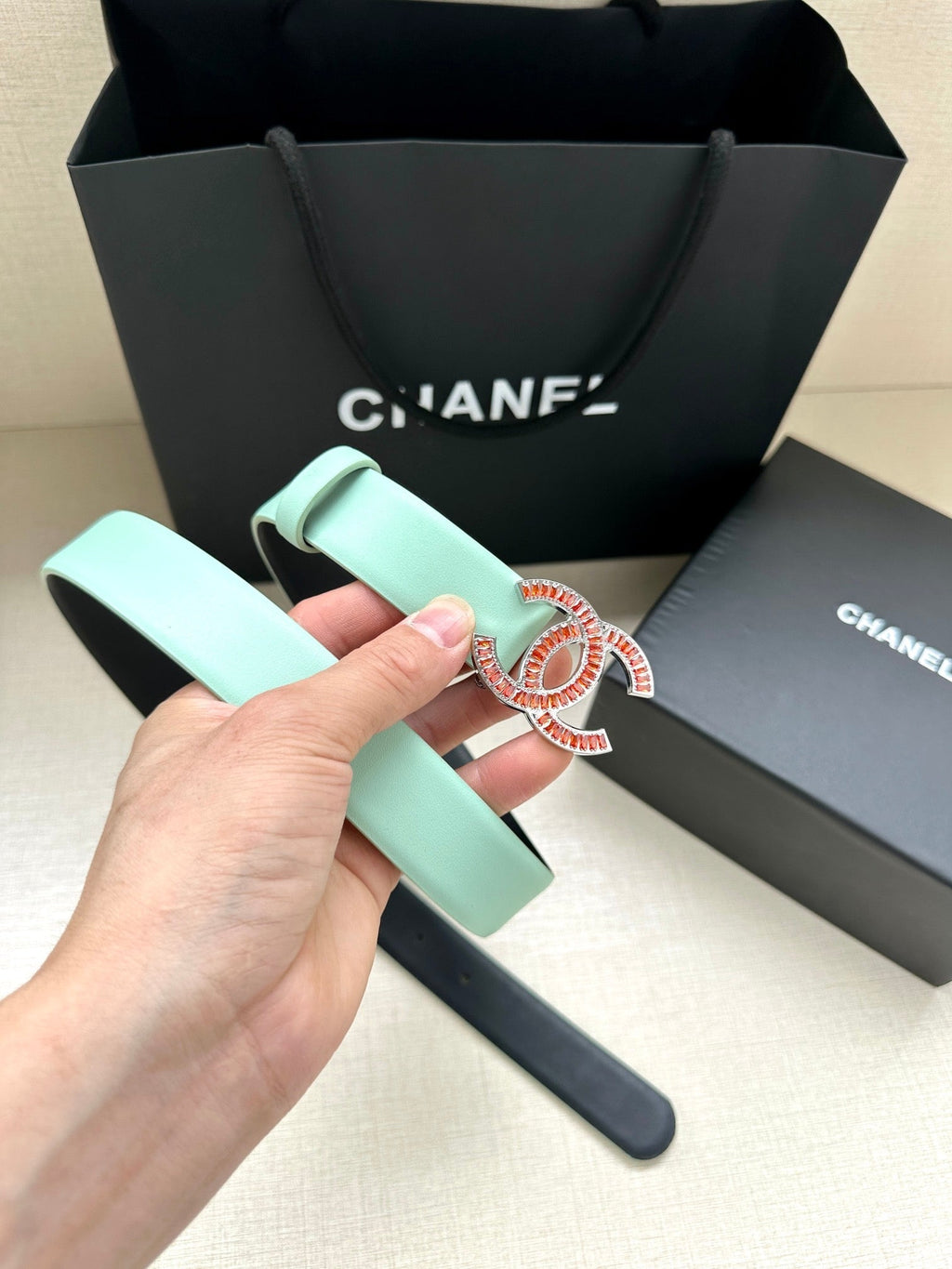 CC Women's Belt 3.0CM Mint Green Black Cowhide Red Buckle 616962