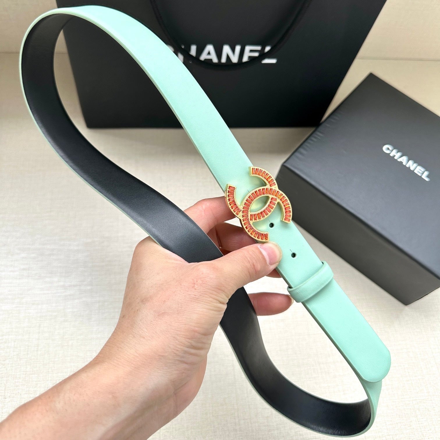 CC Women's Belt 3.0CM Mint Green Black Cowhide Red Buckle 616962