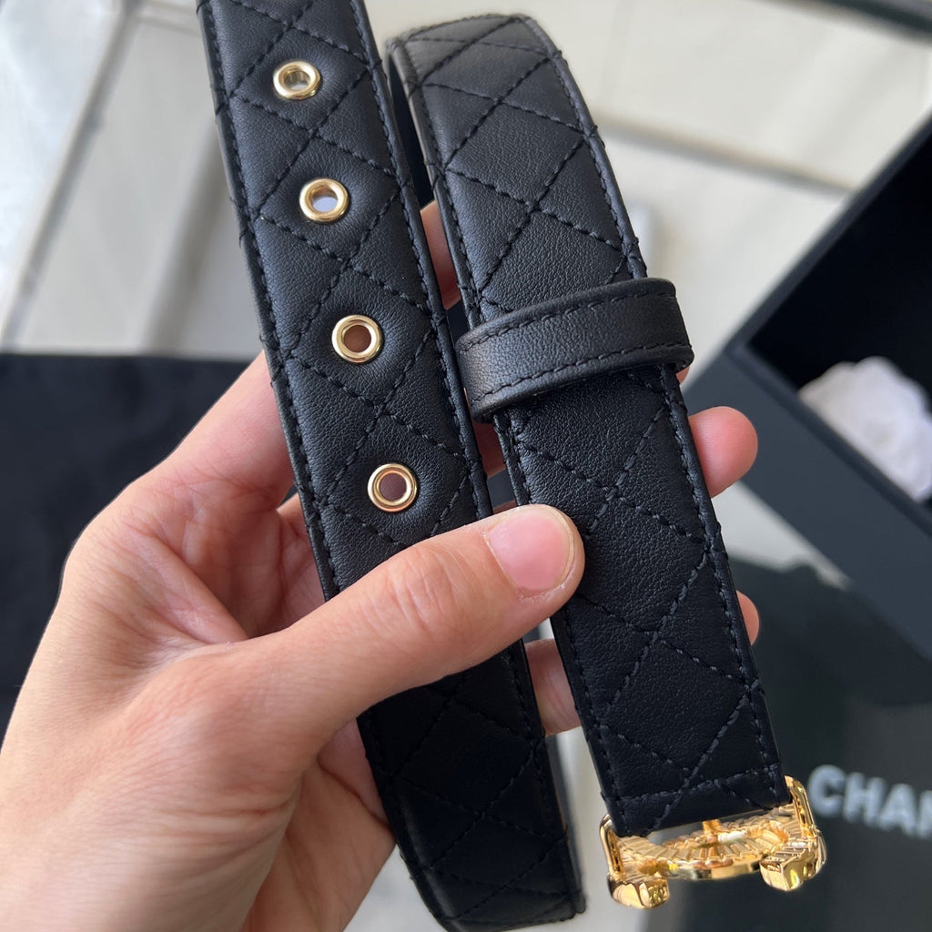 CC Women's Belt 3.0CM Black Cowhide Gold Buckle 616605