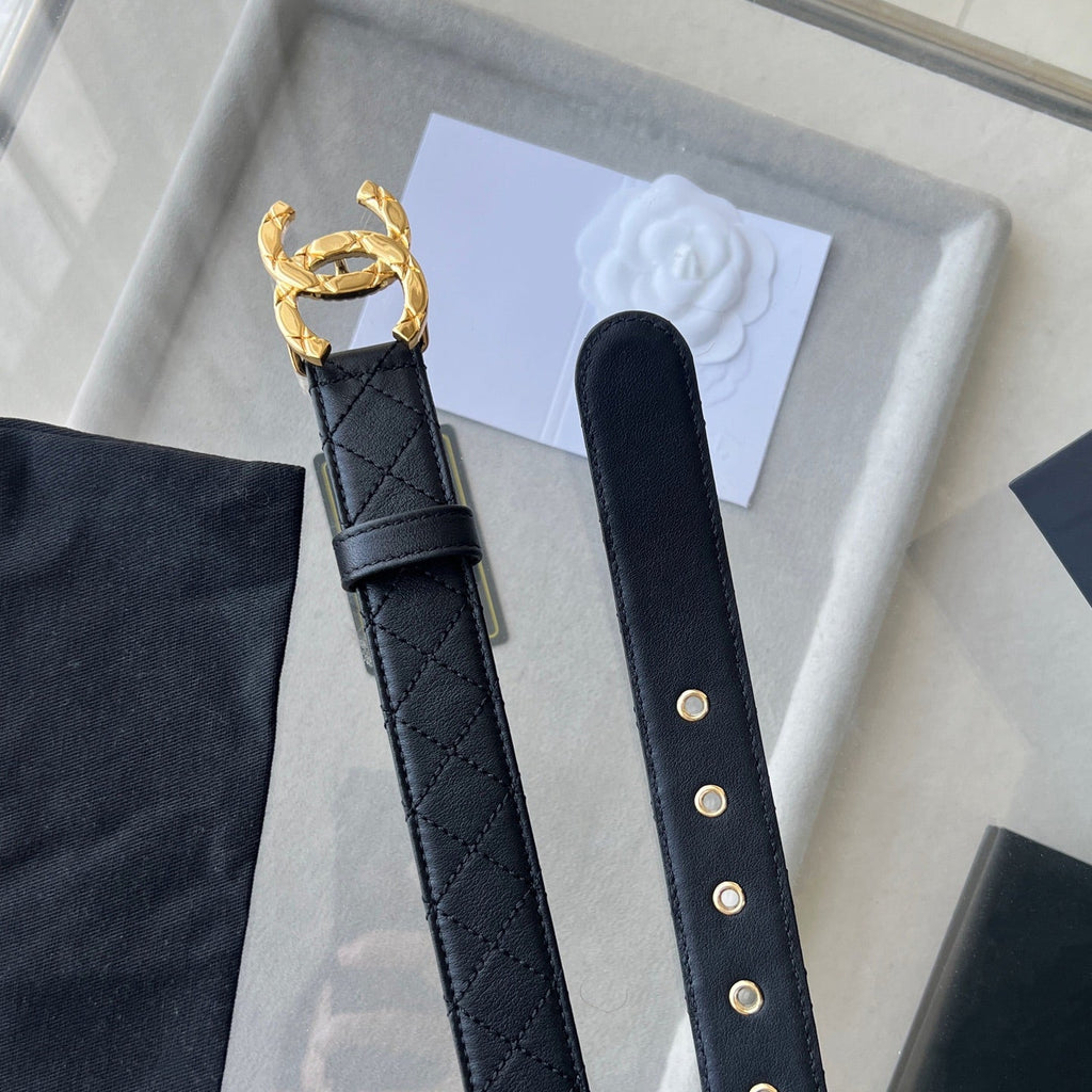 CC Women's Belt 3.0CM Black Cowhide Gold Buckle 616605