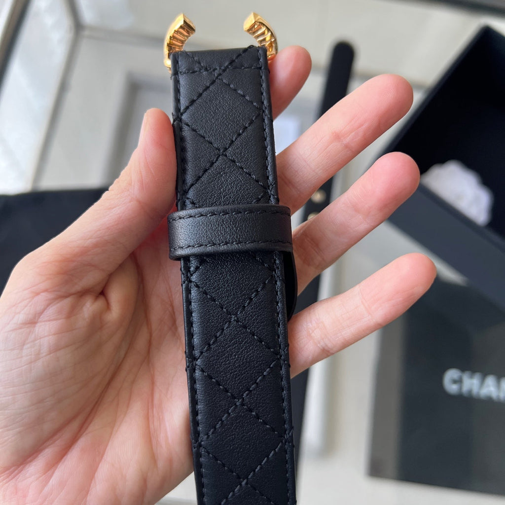 CC Women's Belt 3.0CM Black Cowhide Gold Buckle 616605