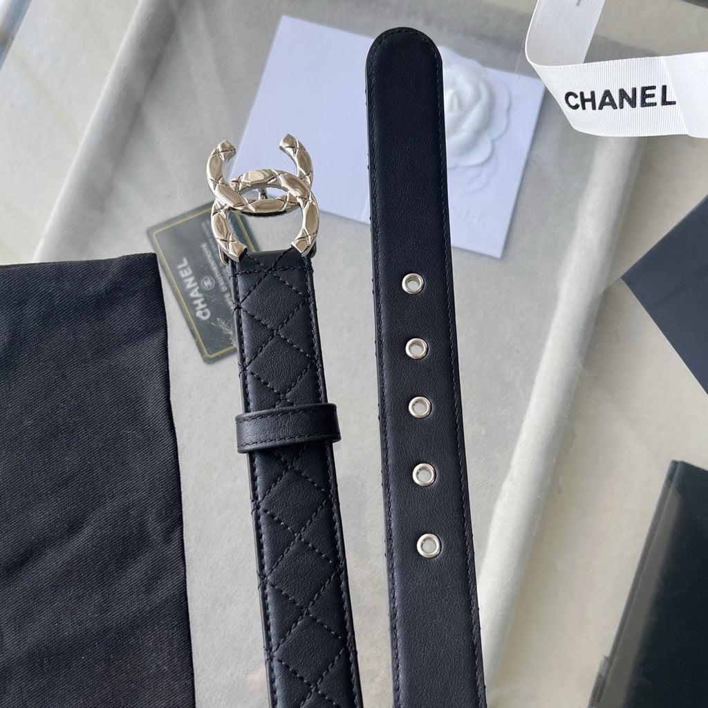 CC Women's Belt 3.0CM Black Cowhide Sliver Buckle 616604