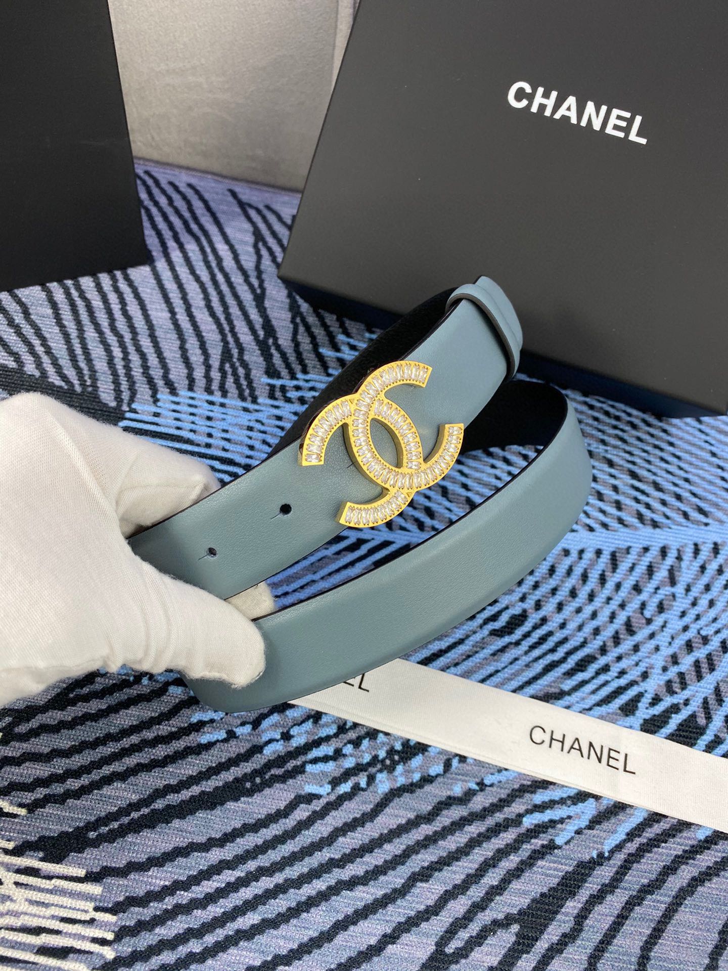 CC Women's Belt 3.0CM Light Blue Cowhide 615102