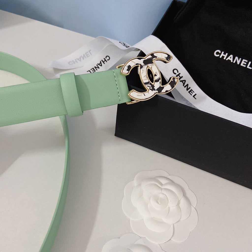 CC Women's Belt 3.0CM Light Green Cowhide White Black Buckle 597644