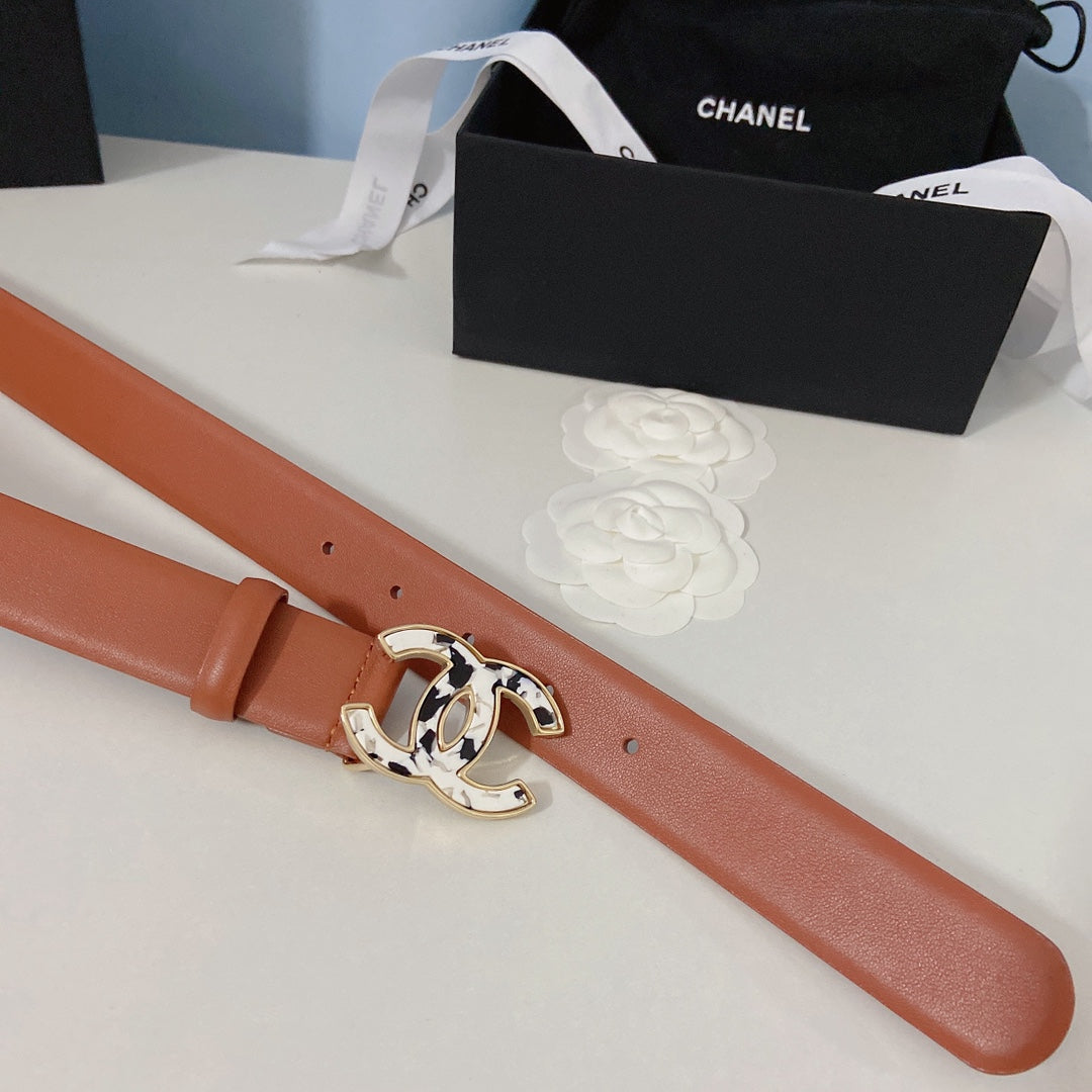 CC Women's Belt 3.0CM Brown Calfskin White Black Buckle 597643