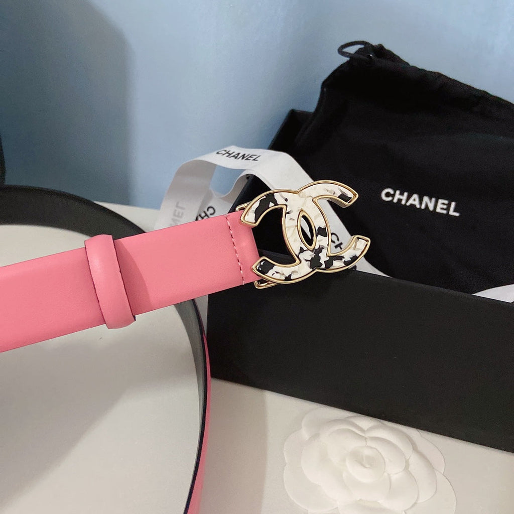 CC Women's Belt 3.0CM Pink Calfskin White Black Buckle 597642
