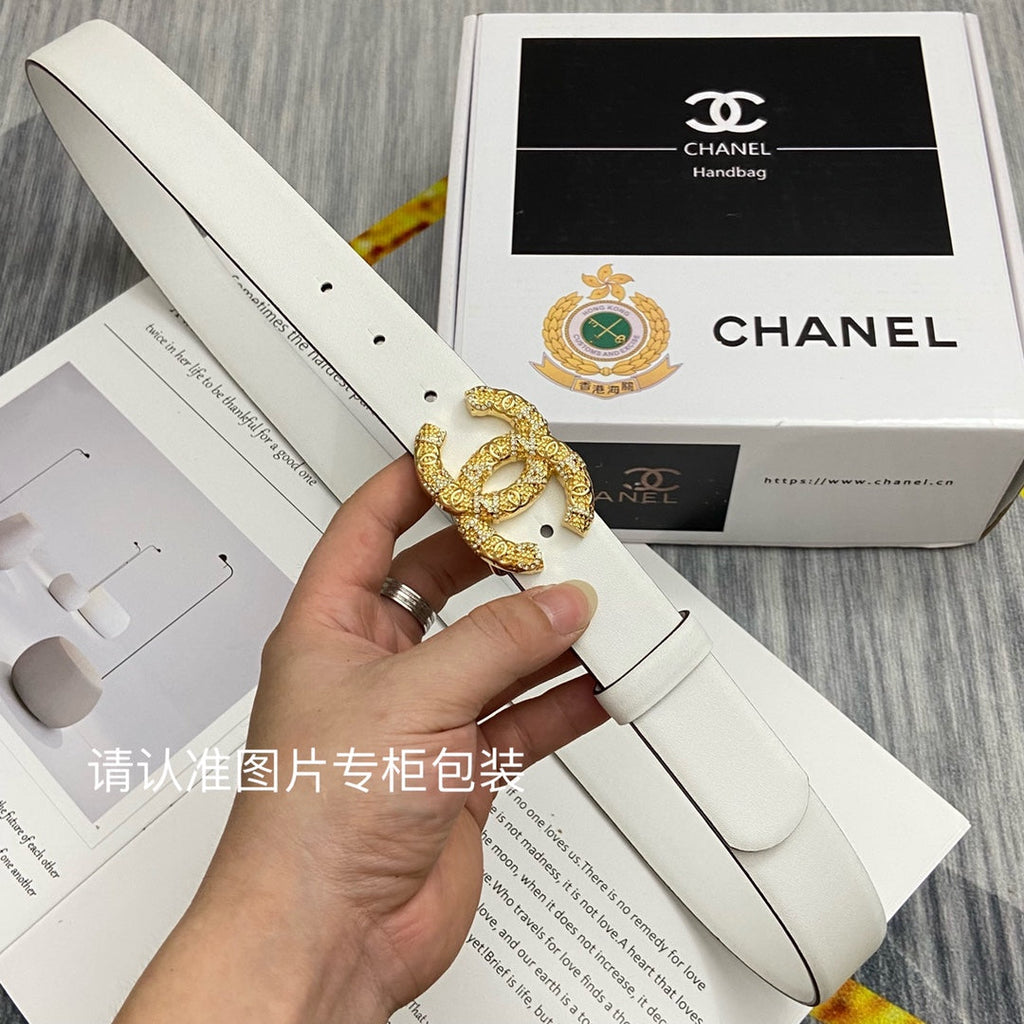 CC Women's Belt 3.0CM White Cowhide Gold Buckle 586527