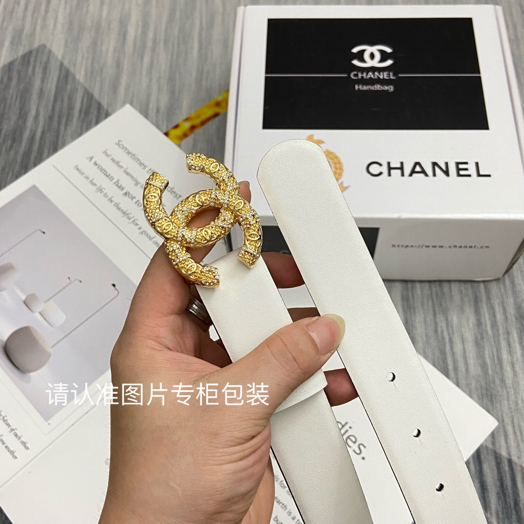 CC Women's Belt 3.0CM White Cowhide Gold Buckle 586527