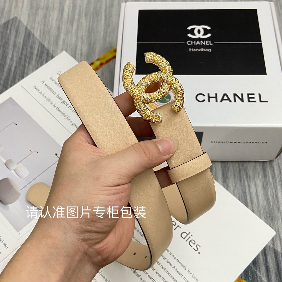 CC Women's Belt 3.0CM Beige Cowhide Gold Buckle 586526