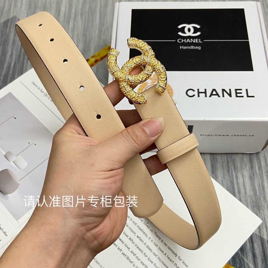 CC Women's Belt 3.0CM Beige Cowhide Gold Buckle 586526