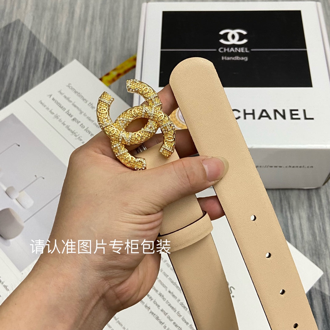 CC Women's Belt 3.0CM Beige Cowhide Gold Buckle 586526