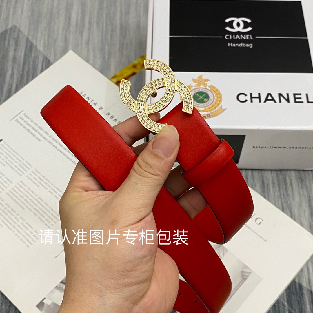 CC Women's Belt 3.0CM Red Cowhide Gold Buckle 586517